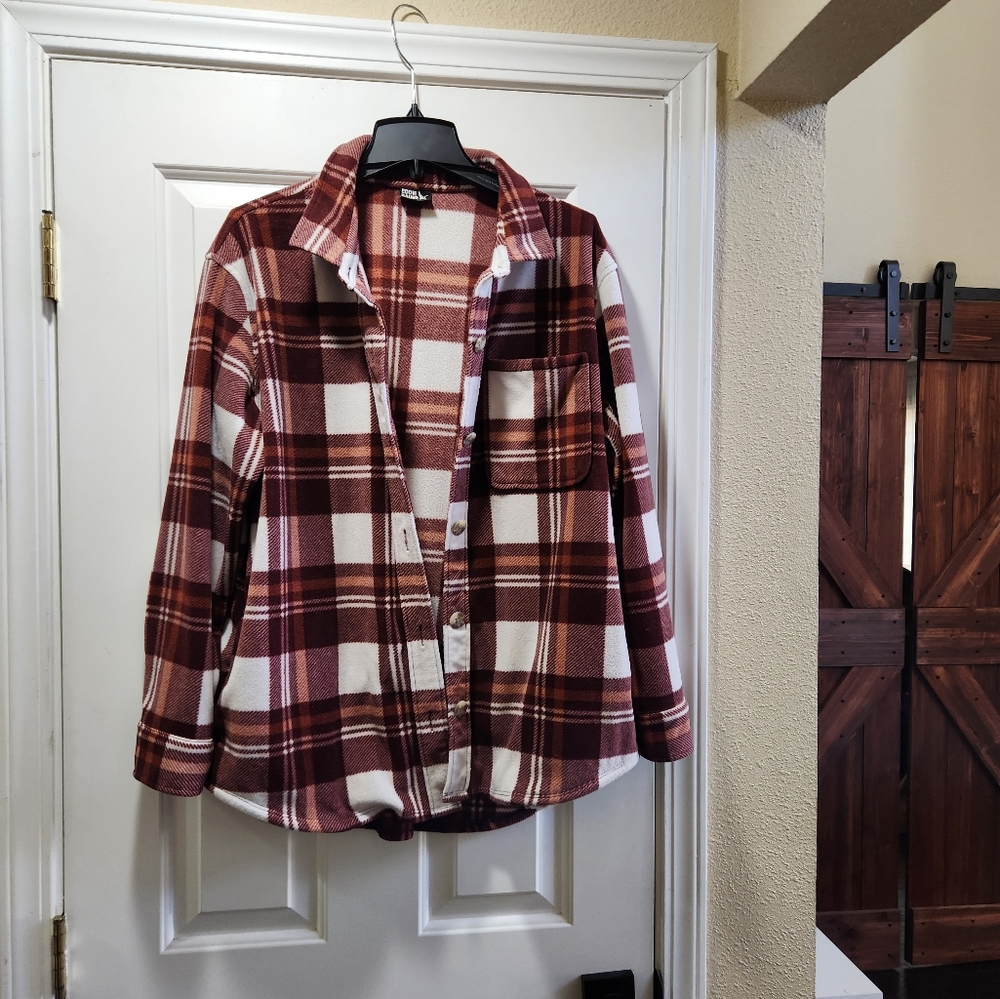 Eddie Bauer Womens Microfleece Plaid Front Button Shirt Jachet Side Pocket. L